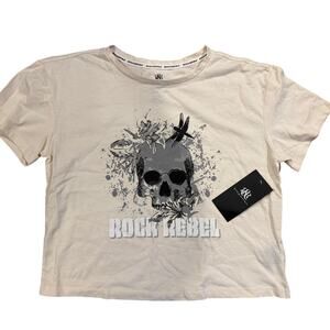 Rock & Republic Rock Rebel Women's Small Skull Off White Shirt Short Sleeves NWT